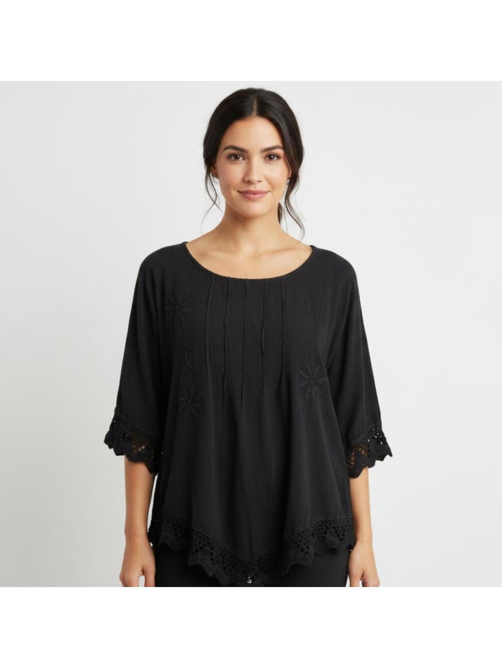 Manta Del Lago NWT Black Floral Embroidered Cotton Gauze Boho Top Small